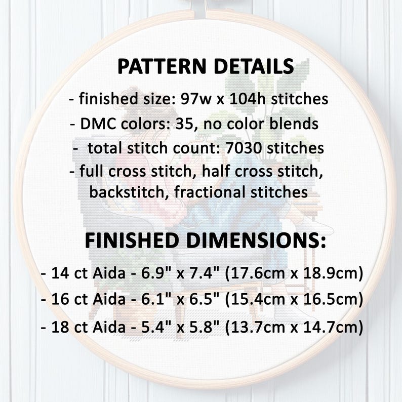May include: A cross-stitch pattern displayed in a wooden embroidery hoop. The text reads "PATTERN DETAILS" and "FINISHED DIMENSIONS:" with stitch counts, DMC colors, and finished sizes in inches and centimeters for 14, 16, and 18 ct Aida.