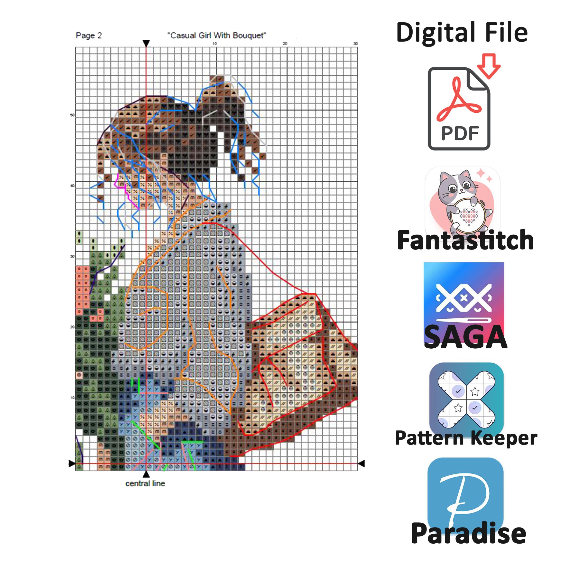 花を持つ少女のクロスステッチパターン（デジタルダウンロード