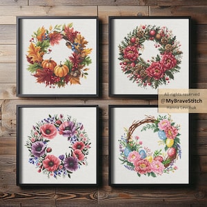 May include: Four framed cross-stitch wreaths. The top left wreath features fall leaves, pumpkins, and berries. The top right wreath has red flowers and pinecones. The bottom left wreath has purple and red flowers. The bottom right wreath has pink flowers and Easter eggs. Text: All rights reserved @MyBraveStitch Hanna Levchuk.