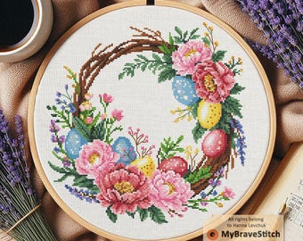 Easter wreath cross stitch pattern, Easter cross stitch, cross stitch patterns, punto de cruz, point de croix, point de croix pdf