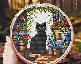 Black Cat Cross Stitch Pattern, Cat Cross Stitch, Cross Stitch, Cross Stitch Kit, Cross Stitch Pattern Flower, punto de cruz