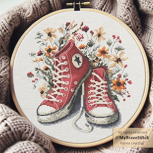 Red Sneakers and Wildflowers Cross Stitch Pattern (Digital PDF)