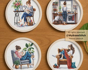 Set of Four Girl Hobby Cross Stitch Pattern, digital PDF Download