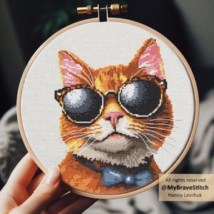 Op de afbeelding: Kruissteekborduurwerk van een oranje kat met een zonnebril en een blauwe vlinderdas. De kat is geborduurd op witte stof, omlijst in een houten hoepel. De tekst "All rights reserved @MyBraveStitch Hanna Levchuk" staat rechtsonder.