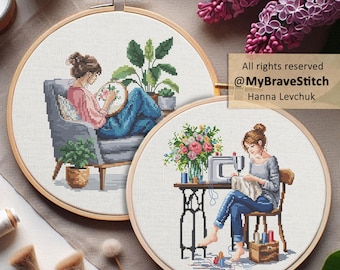 Cross Stitch Pattern Set of Two: Sewing & Stitching Girls (PDF Pattern)