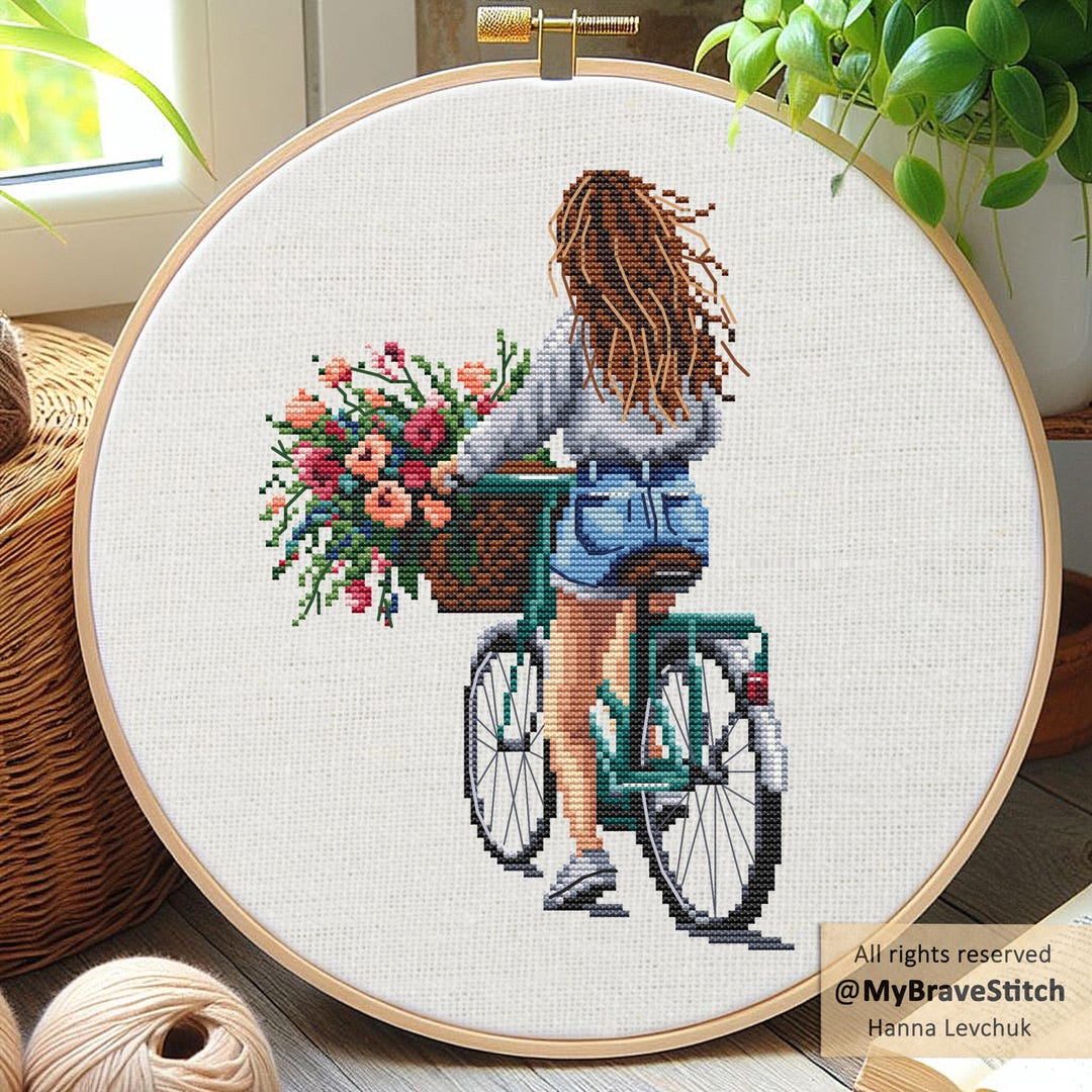 自転車に乗った女の子と花のクロスステッチパターン（デジタルPDF