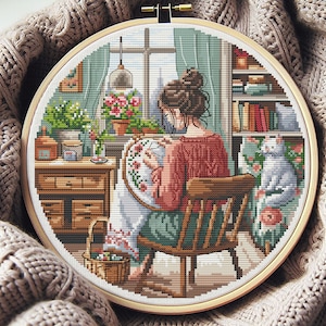 Cross Stitching Girl Cross Stitch Pattern, Cross stitch, punto de cruz, point de croix, crossstitch pattern, cross stitch pattern pdf