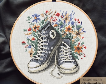 Black Floral Sneakers Cross Stitch Pattern, Wildflowers in High Tops Shoes, Modern Botanical Embroidery Chart PDF Download
