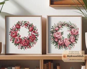 Set of Two Peony Wreath Cross Stitch Pattern, Cross Stitch Pattern Flower, cross stitch pattern pdf, punto de cruz, point de croix