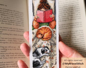 Reading Girl With Pets Bookmark Cross Stitch  Pattern, PDF Download