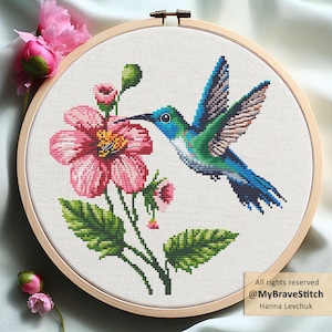 Könnte beinhalten: Kreuzstich-Stickerei eines Kolibris und einer rosa Blume in einem Holzreifen. Der Kolibri ist blau, grün und weiß, sein Schnabel berührt die Blume. Die Blume ist rosa mit grünen Blättern. Text unten rechts: "All rights reserved @MyBraveStitch Hanna Levchuk".