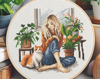 Girl Cross stitch, Cat Cross Stitch, Cross Stitch Flower, Cross Stitch Pattern Flower, Cross Stitch Art