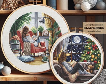 Set of Two Girls Reading Cross Stitch Pattern, Christmas Pattern PDF (Digital Download)