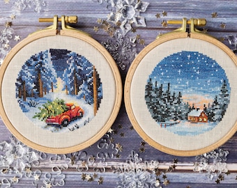 Set of 2 Winter Forest Miniatures Cross Stitch Patterns PDF Download, Christmas cross stitch, Mini cross stitch pattern
