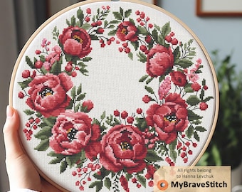 Red Peony Wreath Cross Stitch Pattern, Cross Stitch, point de croix, Cross Stitch Pattern Flower, punto de cruz, cross stitch pattern pdf