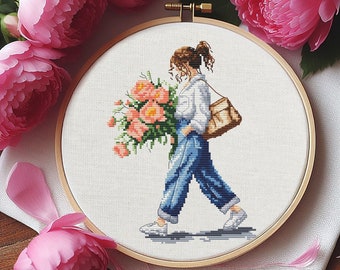 Girl cross stitch pattern, cross stitch flower