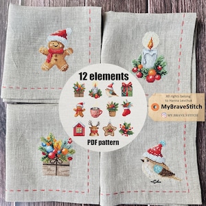 Può includere: Quattro tovaglioli di lino con bordi cuciti in rosso, ognuno con un diverso disegno a punto croce natalizio. I disegni includono un omino di pan di zenzero, una candela, un uccello e una composizione floreale. Un grafico circolare mostra 12 elementi aggiuntivi a tema natalizio.