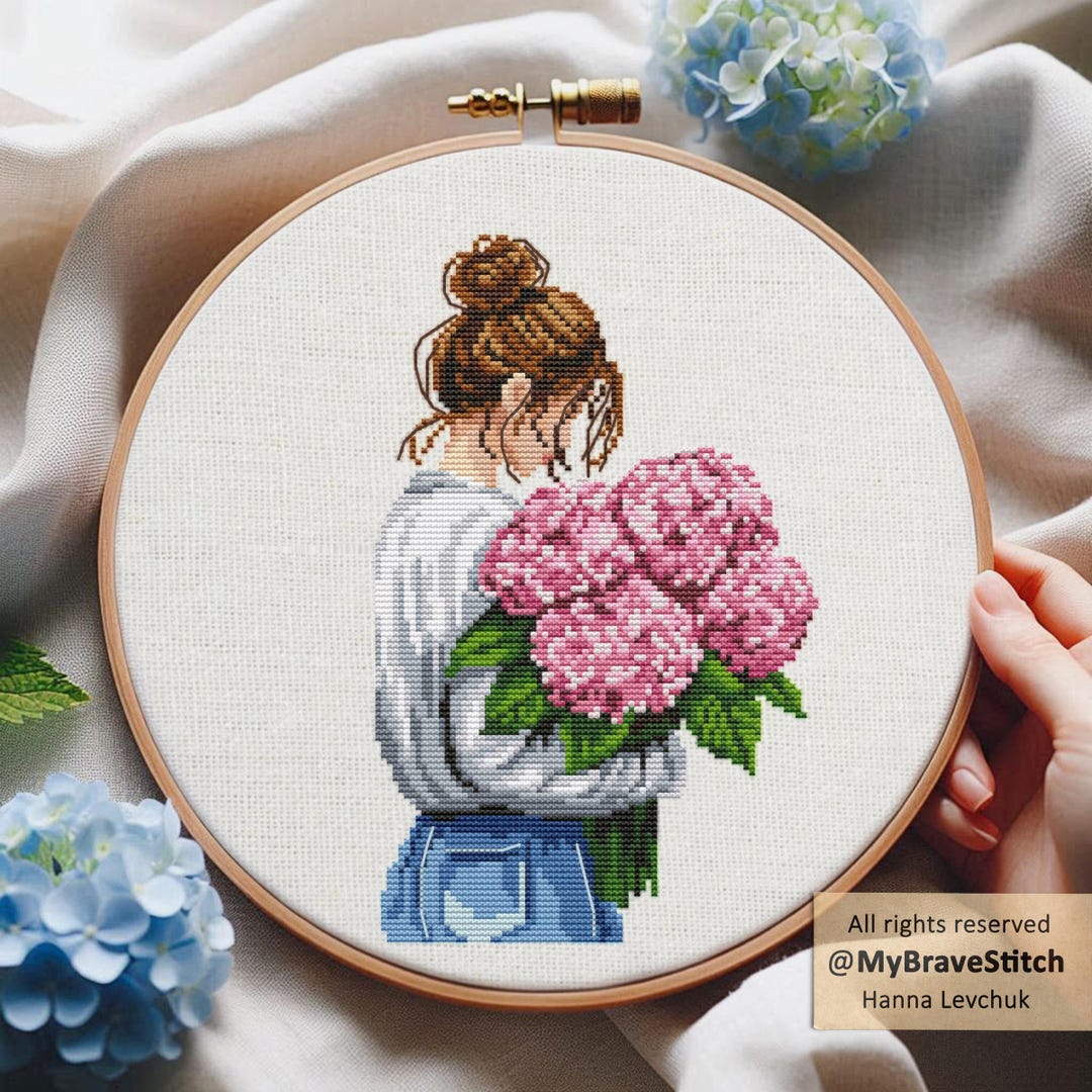 Yanyan パッチワークデザイン バラクラバ Girl With Hydrangea Cross Stitch Pattern (PDF Pattern) - Etsy