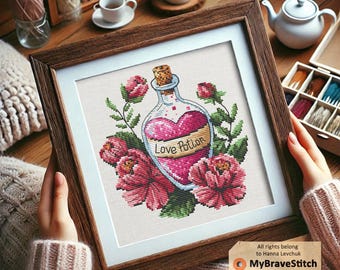 Potion d&#39;amour motif point de croix, petit point de croix, citation point de croix, motif point de croix Saint-Valentin, point de croix facile