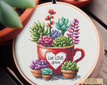 Laissez l&#39;amour grandir motif de point de croix, amour point de croix, saint valentin point de croix, cactus point de croix, succulent point de croix, punto de cruz