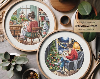 Set of Two Girls Stitching Cross Stitch Pattern, Christmas Pattern PDF (Digital Download)