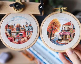 Set of 2 Autumn Miniatures Cross Stitch Pattern PDF, Small Fall Coffee Shop Embroidery Design, Digital download, Counted Cross Stitch