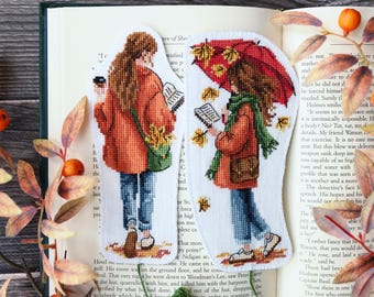 Set of 2 Autumn Girls Bookmarks Cross Stitch Pattern PDF, Fall Reading Bundle Chart, Coffee and Umbrella Design