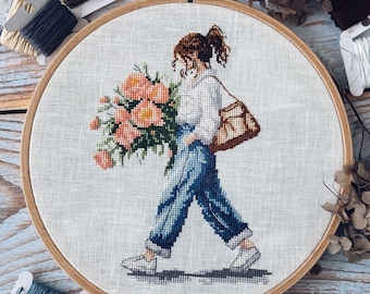 Flower girl cross stitch pattern botanical cross stitch