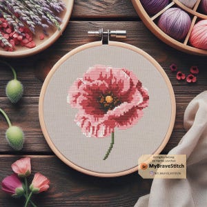 Pink Poppy mini-kruissteekpatroon, mini-kruissteekpatroon, kruissteek bloem, klein kruissteekpatroon, punto de cruz