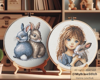 Set of Two Girl and Bunny Cross Stitch Pattern (Digital PDF)