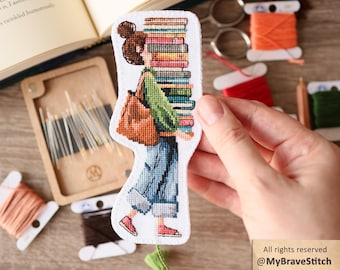 Walking Girl With a Books Bookmark Cross Stitch Pattern, PDF Download