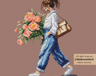 花を持つ少女のクロスステッチパターン（デジタルダウンロード
