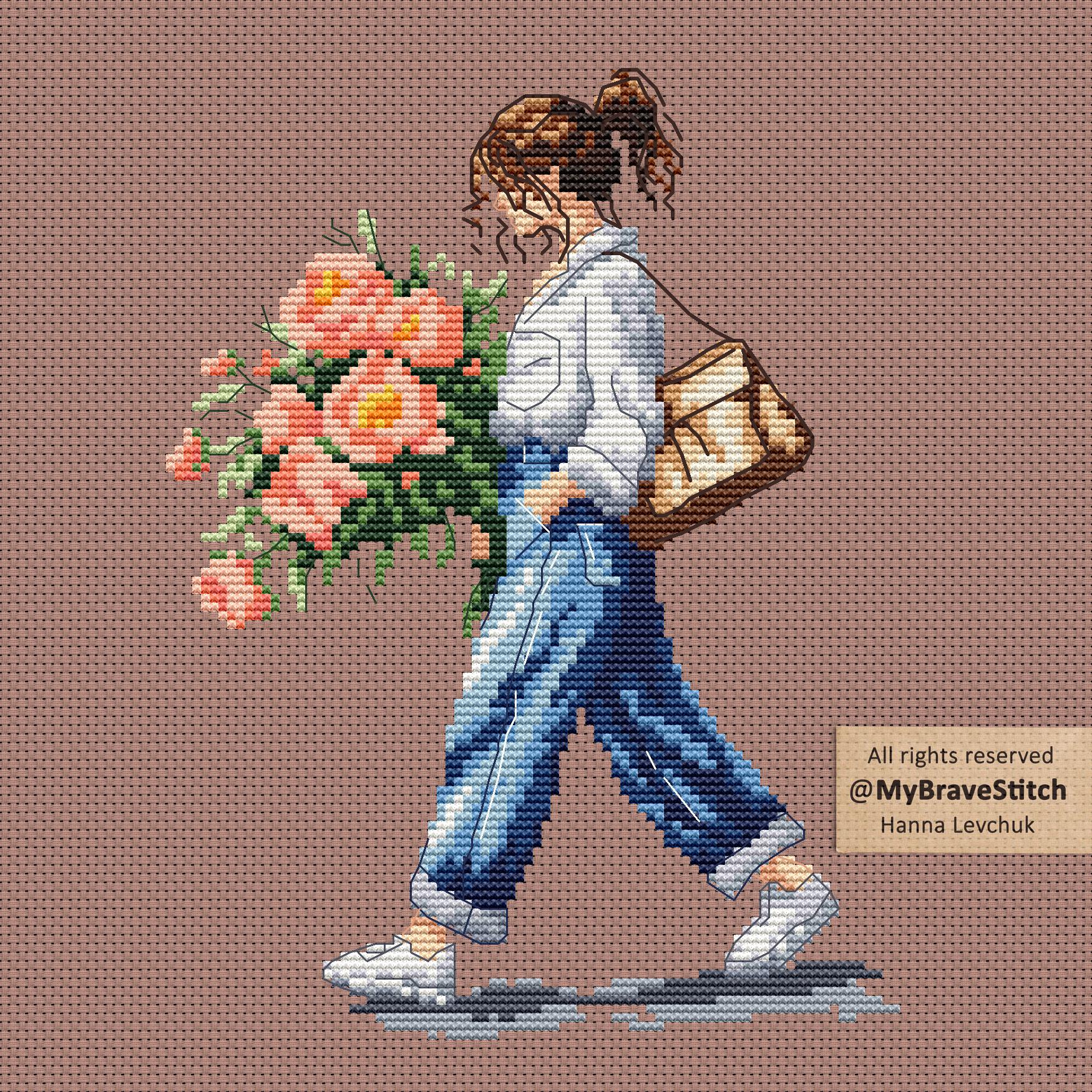 花を持つ少女のクロスステッチパターン（デジタルダウンロード
