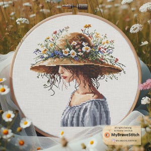 Niña con sombrero Punto de cruz, Patrón de punto de cruz, Niña en punto de cruz, punto de cruz, point de croix, patrón de punto de cruz contado