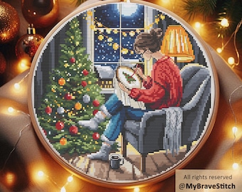 Girl Stitching by the Christmas Tree Cross Stitch Pattern ( Digital Download)