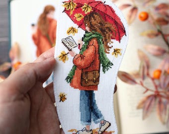 Rainy Day Reading Bookmark Cross Stitch Pattern, Girl with Umbrella Fall Embroidery Chart, Cozy Book Lover Gift PDF