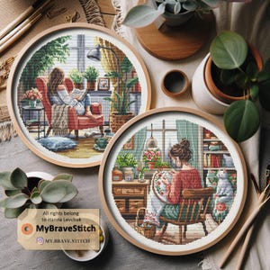 Patrón de punto de cruz "Dos niñas leyendo y bordando" (patrón PDF)