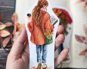 Autumn Coffee & Reading Bookmark  Cross Stitch Pattern, Fall Girl with Coffee Cross Stitch Bookmark PDF, Cozy Book Lover  Instant Download