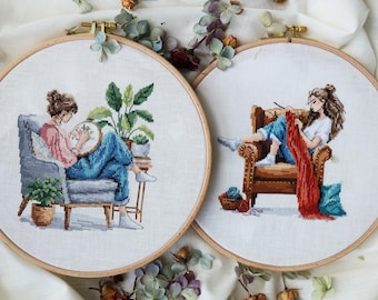 Set of Two Cross Stitch Patterns, Knitting & Cross-Stitching Girls (PDF Pattern)
