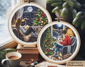 Set of Two Girls by Christmas Tree Cross Stitch Pattern ( Digital PDF Download)