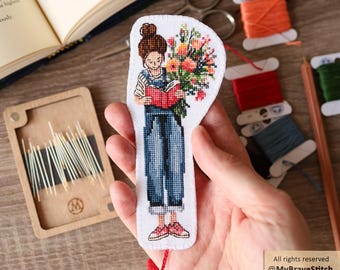Reading Girl With A Bouquet Bookmark Cross Stitch Pattern, PDF Download
