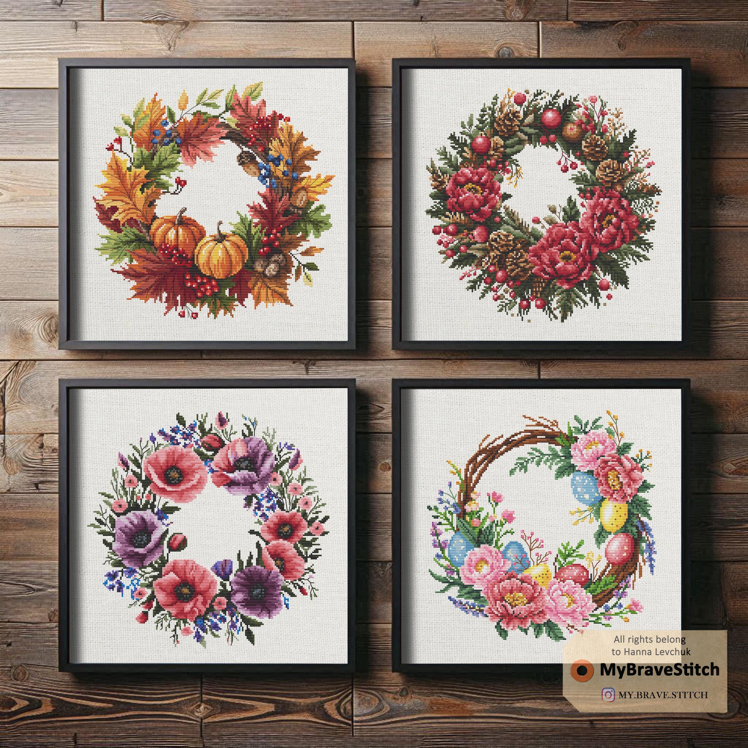 Set of Four Seasons Wreaths cross stitch pattern pdf, point de croix, punto de cruz, 4 seasons cross stitch pattern, cross stitch seasons
