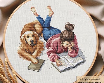 Reading Girl & Golden Retriever Cross Stitch Pattern (PDF Download)