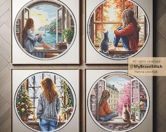 Set of Four Girls by the Window Cross Stitch Patterns (PDF Pattern)