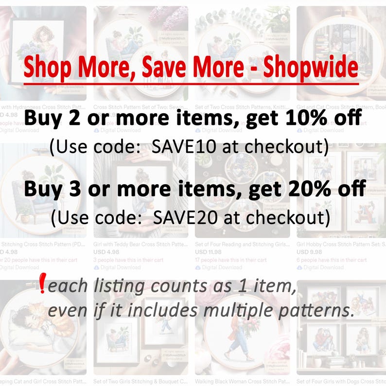 May include: Shopwide sale announcement with text: "Shop More, Save More." Buy 2 or more items, get 10% off (Use code: SAVE10 at checkout). Buy 3 or more items, get 20% off (Use code: SAVE20 at checkout). Each listing counts as 1 item.