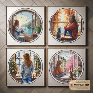 May include: Four framed cross-stitch artworks. Each depicts a woman looking out of a window at different seasons. One shows a seaside view, another autumn leaves, a third a Christmas tree, and the last a city scene with a cat.