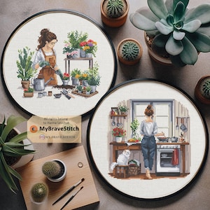 Conjunto de dos niñas que cocinan y cultivan un huerto, patrón de punto de cruz en pdf, patrón de punto de cruz de gato, punto de cruz, patrones punto cruz, esquema punto croce