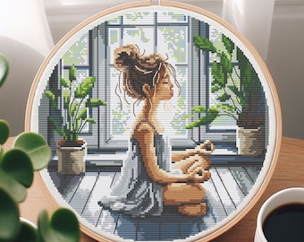 Yoga Girl Cross Stitch Pattern, Cross Stitch Pattern Flower, punto de cruz, Flower Cross Stitch Pattern, Cross Stitch Art