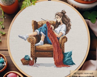 女の子の絵画クロスステッチパターン、アート刺繍デザイン、女性の
