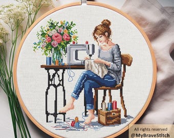 Sewing Girl Cross Stitch Pattern, Craft Room Decor (Digital PDF)